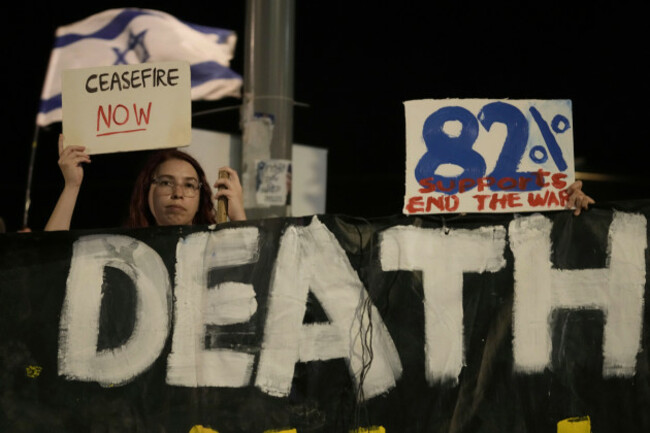 people-take-part-in-a-protest-outside-us-embassy-branch-demanding-the-end-of-the-war-and-immediate-release-of-hostages-held-by-hamas-in-the-gaza-strip-and-against-prime-minister-benjamin-netanyahus