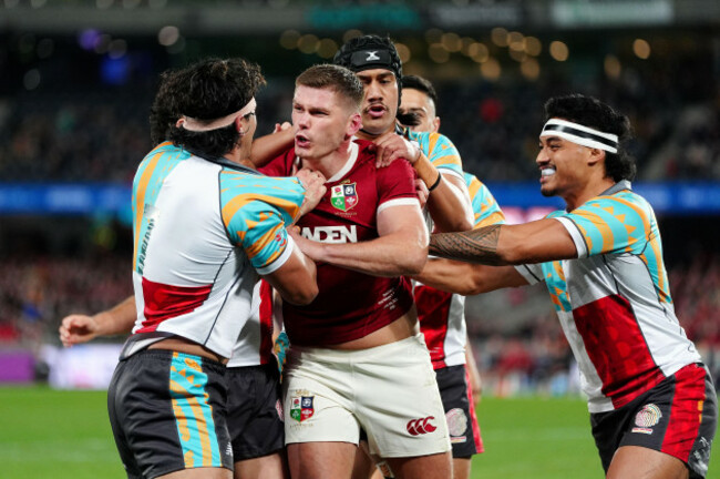 tempers-flare-between-british-and-irish-lions-owen-farrell-and-first-nations-and-pasifika-xvs-charlie-gamble-left-during-the-qatar-airways-lions-tour-match-at-the-marvel-stadium-in-melbourne-aust