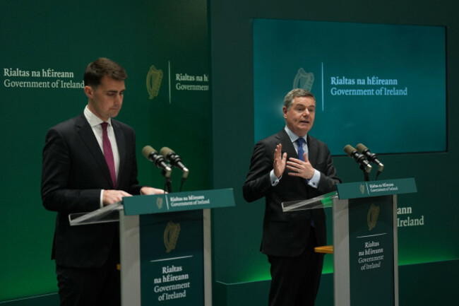 minister-for-public-expenditure-jack-chambers-left-and-minister-for-finance-paschal-donohoe-speaking-to-the-media-at-a-press-conference-for-the-launch-of-the-governments-summer-economic-statement