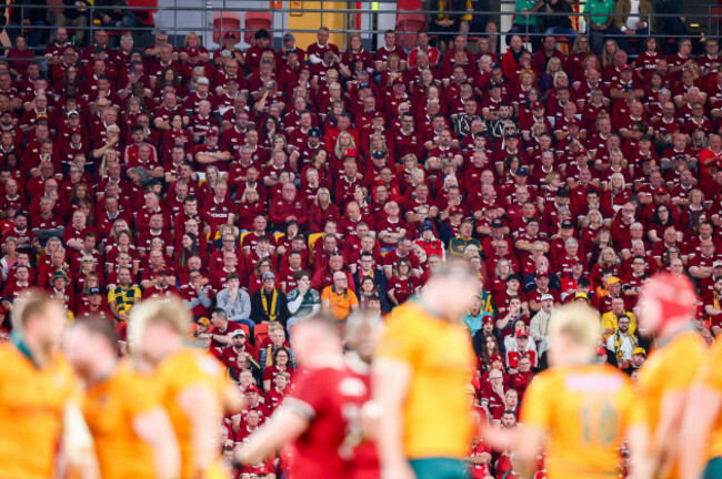brisbaneaustralia19july2025-lions-supporters-fans-sea-of-redaustralia-wallabies-v-the-british-irish-lions-the-1st-test-rugby-unioncredit-jason-obrien-seconds-left-alamy