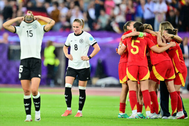 23-july-2025-switzerland-zurich-soccer-women-european-championship-germany-spain-final-round-semi-final-germanys-selina-cerci-and-sydney-lohmann-m-react-after-the-match-photo-sebastian