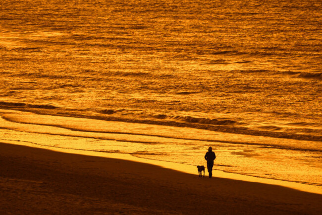 lonesome-dog-owner-walking-along-the-coast-with-unleashed-dog-on-sandy-beach-silhouetted-at-sunset-on-a-cold-evening-in-winter