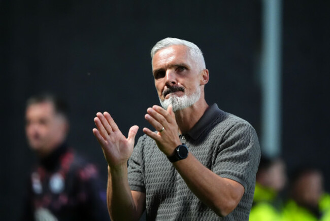 dundee-united-manager-jim-goodwin-applauds-the-fans-following-the-uefa-conference-league-second-qualifying-round-first-leg-match-at-the-calforth-construction-arena-dundee-picture-date-thursday-july