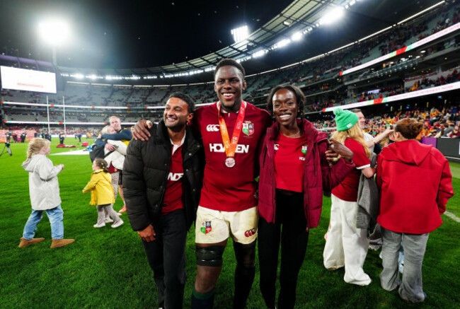 maro-itoje-of-the-british-and-irish-lions-with-his-wife-mimi-right-celebrates-a-series-victory-following-the-qatar-airways-lions-tour-2025-second-test-match-at-the-melbourne-cricket-ground-melb