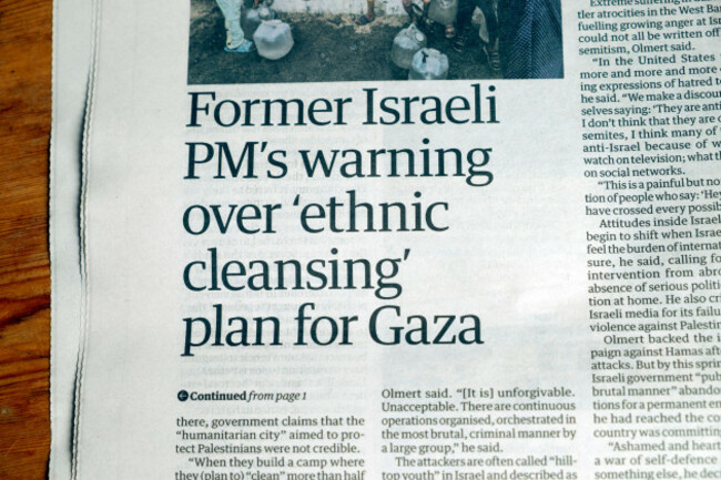 former-israeli-pms-warning-over-ethnic-cleansing-plan-for-gaza-guardian-newspaper-headline-israel-humanitarian-city-article14-july-2025-london-uk