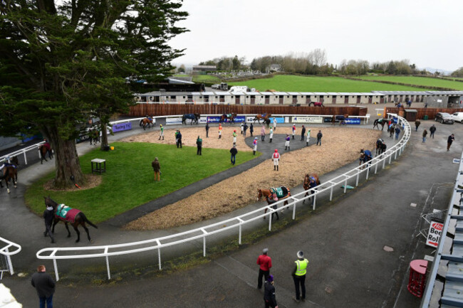 a-general-view-of-the-parade-ring-at-thurles-racecourse-as-horse-racing-in-ireland-continues-behind-closed-doors