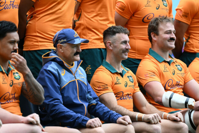 sydney-australia-01st-aug-2025-the-entire-wallabies-team-including-coach-joe-schmidt-centre-left-wear-stick-on-moustaches-for-retiring-player-nic-white-centre-right-during-an-australian-walla