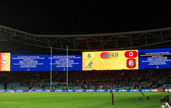 a-view-of-a-message-on-the-big-screen-referencing-the-break-in-play-due-to-a-lightning-and-storm-warning