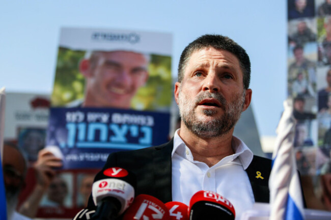 june-3-2024-west-jerusalem-israel-israels-finance-minister-bezalel-smotric-addresses-the-relatives-of-israelis-being-held-hostage-during-the-rally-relatives-and-friends-of-israelis-held-hostage