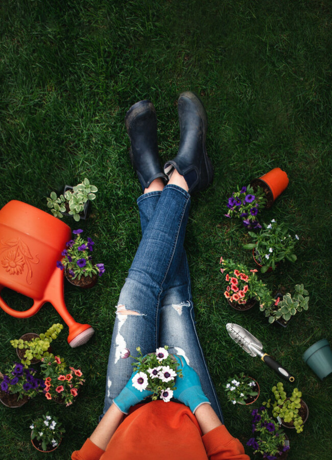 overhead-of-woman-on-grass-surrounded-by-plants-and-gardening-tools