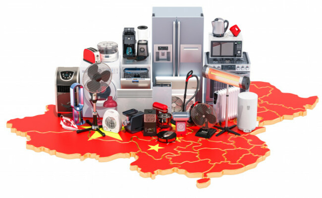 map-of-china-with-home-and-kitchen-appliances-3d-rendering-isolated-on-black-background