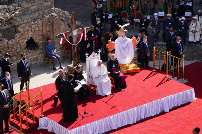 the-pope-seen-at-the-hosh-al-bieaa-area-during-the-papal-visit-pope-francis-met-the-people-and-prayed-for-the-souls-of-the-war-victims-in-hosh-al-bieaa-area-near-the-ruins-of-the-al-tahira-grand-churc