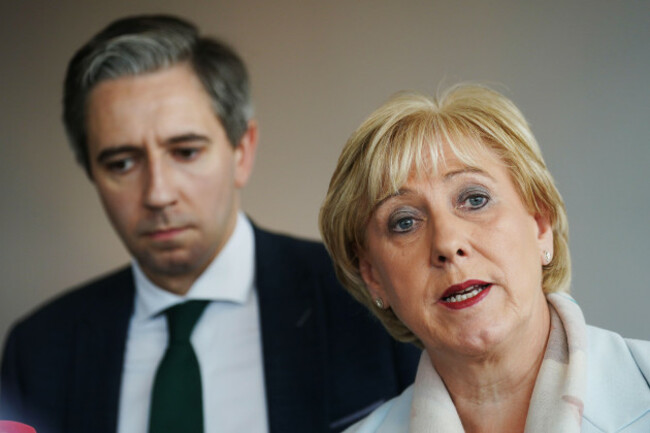 minister-for-rural-and-community-development-heather-humphreys-right-and-minister-for-further-and-higher-education-simon-harris-speaking-to-the-media-at-the-strand-hotel-limerick-during-the-fine-g