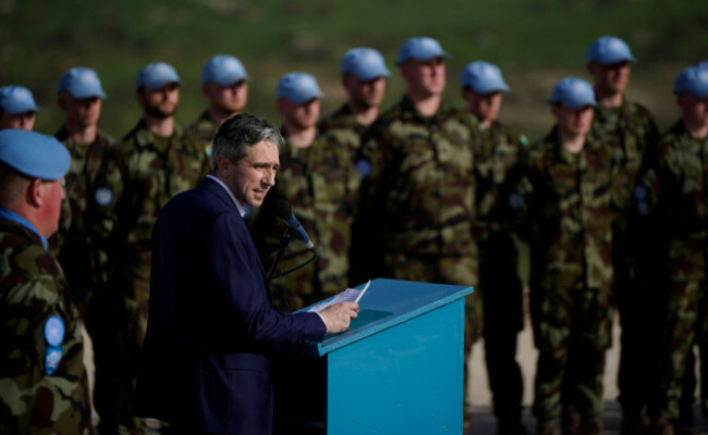 tanaiste-simon-harris-speaking-to-troops-at-camp-shamrock-near-the-border-with-lebanon-and-israel-where-irish-defence-forces-troops-are-serving-with-the-unifil-peacekeeping-mission-amid-escalating-cla