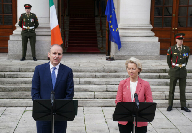 taoiseach-micheal-martin-and-european-commission-president-ursula-von-der-leyen-speak-to-the-media-on-her-arrival-at-government-buildings-in-dublin-picture-date-thursday-december-1-2022