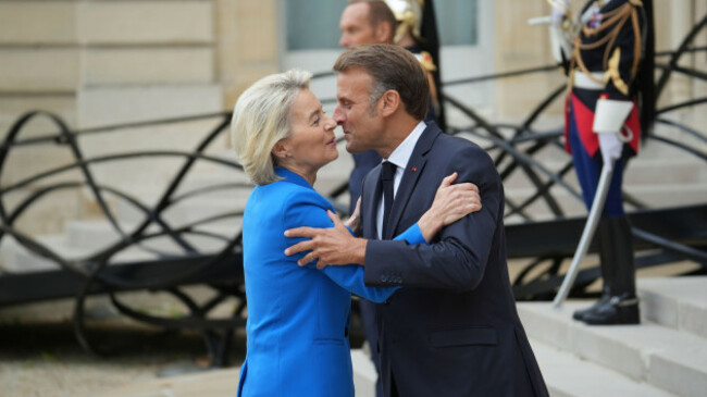 the-president-of-france-emmanuel-macron-welcomes-the-president-of-the-european-commission-ursula-von-der-leyen-on-her-arrival-at-the-meeting-of-the-coalition-of-the-willing-for-ukraine-september