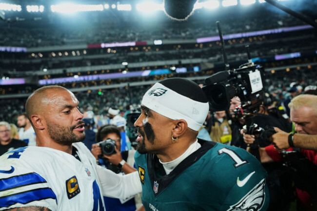 dallas-cowboys-quarterback-dak-prescott-4-and-philadelphia-eagles-quarterback-jalen-hurts-1-talk-after-their-teams-nfl-football-game-friday-sept-5-2025-in-philadelphia-ap-photomatt-rourke