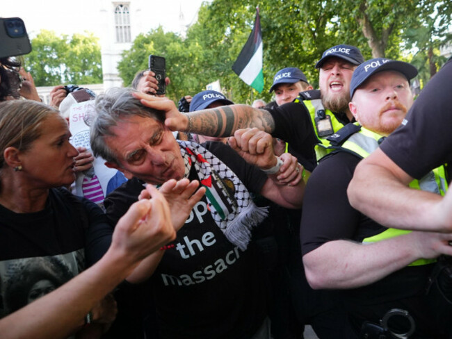 police-and-demonstrators-during-a-lift-the-ban-on-palestine-action-protest-organised-by-defend-our-juries-in-parliament-square-in-london-picture-date-saturday-september-6-2025