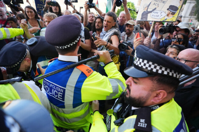 police-and-demonstrators-during-a-lift-the-ban-on-palestine-action-protest-organised-by-defend-our-juries-in-parliament-square-in-london-picture-date-saturday-september-6-2025