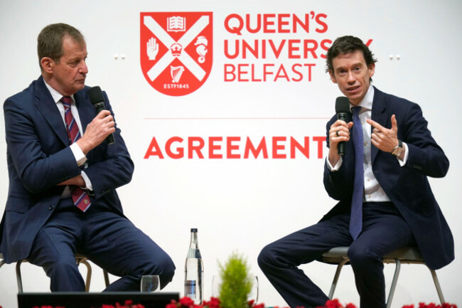 alastair-campbell-left-and-rory-stewart-attending-the-three-day-international-conference-at-queens-university-belfast-to-mark-the-25th-anniversary-of-the-belfastgood-friday-agreement-picture-date