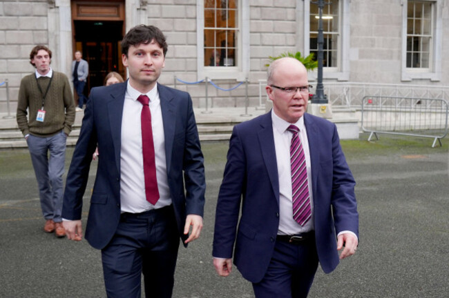 leader-of-aontu-peadar-toibin-right-and-paul-lawless-leave-leinster-house-dublin-following-their-withdrawal-from-the-regional-technical-group-picture-date-wednesday-january-22-2025