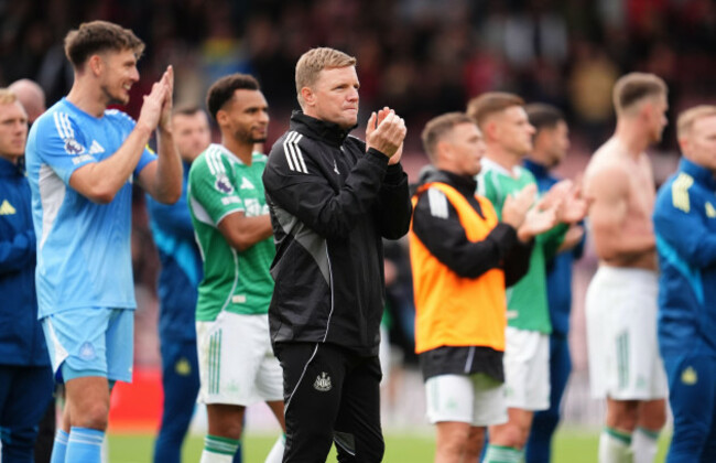 newcastle-united-manager-eddie-howe-and-the-players-applaud-the-fans-at-full-time-following-the-premier-league-match-at-vitality-stadium-bournemouth-picture-date-sunday-september-21-2025