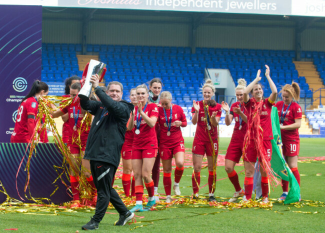 birkenhead-uk-24th-apr-2022-liverpool-manager-matt-beard-celebrates-with-trophy-after-winning-the-fa-womens-championship-2021-22-after-winning-the-womens-championship-football-match-between-liver