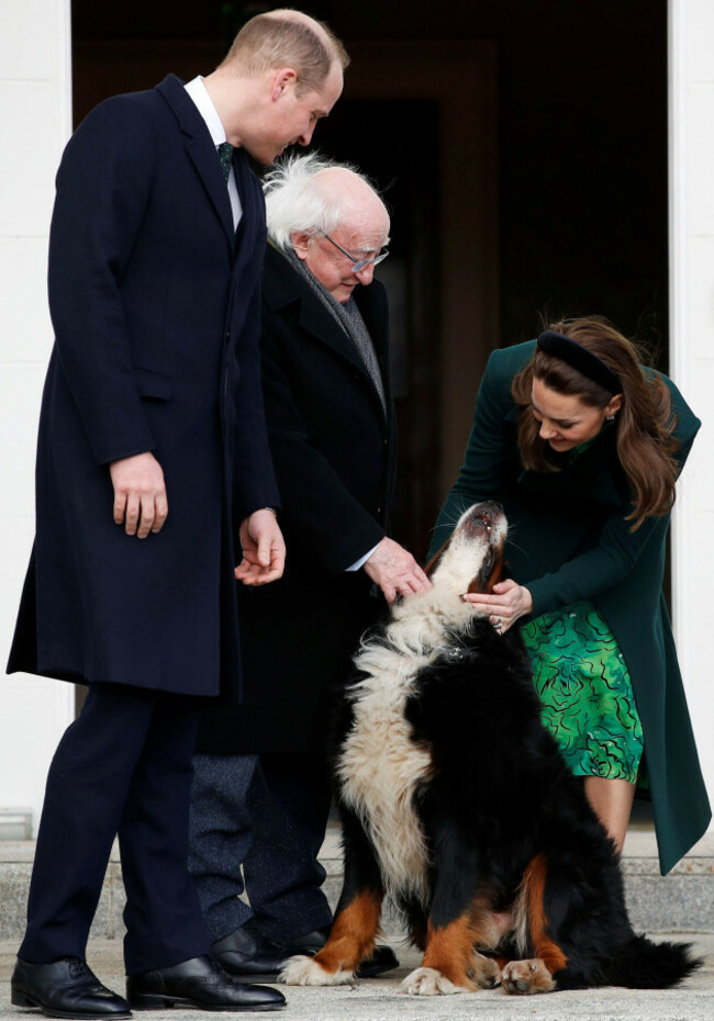 retransmitted-correcting-name-of-dog-the-duke-and-duchess-of-cambridge-with-the-president-of-ireland-michael-d-higgins-and-the-presidents-dog-brod-at-aras-an-uachtarain-dublin-during-their-thre
