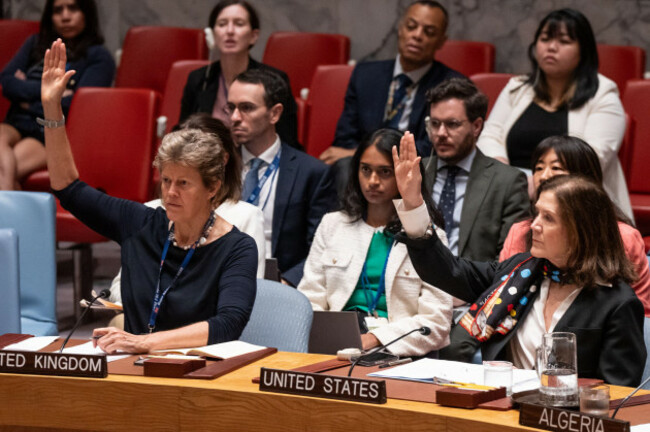 new-york-ny-september-26-2025-ambassadors-of-united-kingdom-barbara-woodward-and-united-states-dorothy-shea-vote-against-adoption-of-draft-resolution-on-iran-nuclear-deal-at-un-headquarters-in