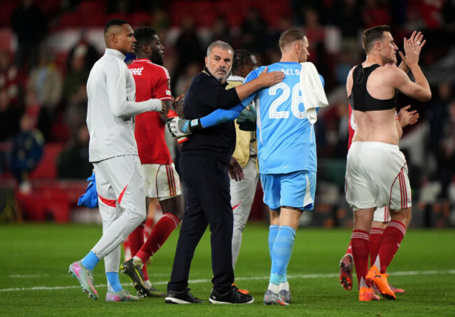 nottingham-forest-manager-ange-postecoglou-consoles-the-players-after-the-uefa-europa-league-match-at-the-city-ground-nottingham-picture-date-thursday-october-2-2025
