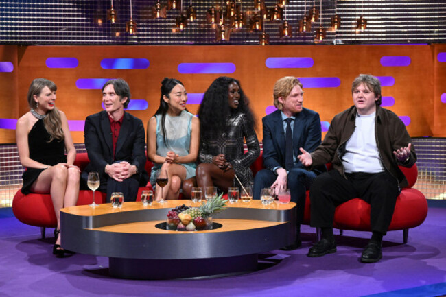 editorial-use-only-left-right-taylor-swift-cillian-murphy-greta-lee-jodie-turner-smith-domhnall-gleeson-and-lewis-capaldi-during-filming-for-the-graham-norton-show-at-bbc-studioworks-6-televisi