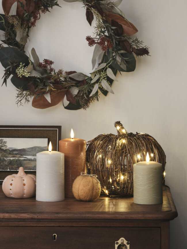 Cosy Autumn Tabletop Decorations with LED Candles and Light Up Pumpkin