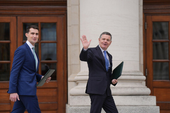 minister-for-finance-jack-chambers-minister-for-public-expenditure-paschal-donohoe-speaking-to-the-media-outside-government-buildings-dublin-ahead-of-the-annual-budget-picture-date-tuesday-october