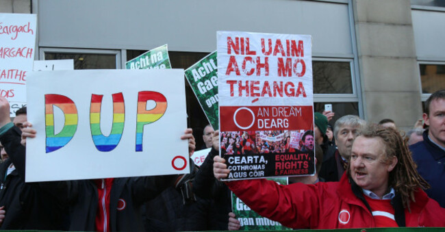 an-dream-dearg-a-network-of-irish-language-activists-protest-against-cuts-to-irish-language-bursaries-outside-at-the-department-of-communities-in-belfast