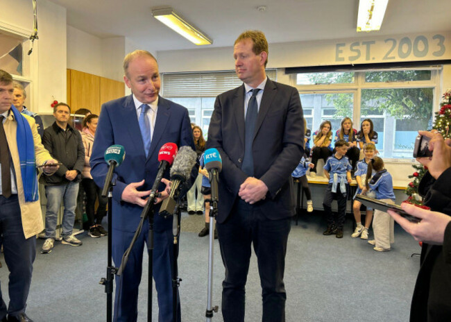 fianna-fail-leader-micheal-martin-left-with-dublin-bay-south-candidate-jim-ocallaghan-at-the-ranelagh-gaels-gaa-club-dublin-ireland-ahead-of-the-general-election-on-november-29-picture-date-mo