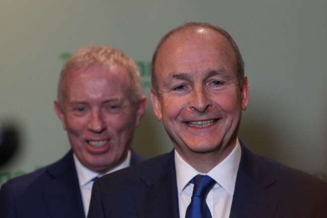 fianna-fail-leader-micheal-martin-right-speaking-to-the-media-before-the-fianna-fail-cairde-fail-fundraising-dinner-in-dublin-picture-date-saturday-october-11-2025