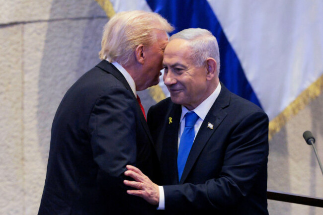 president-donald-trump-talks-with-israels-prime-minister-benjamin-netanyahu-at-the-knesset-israels-parliament-monday-oct-13-2025-in-jerusalem-chip-somodevillapool-via-ap
