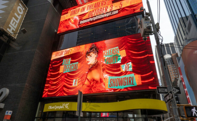 electronic-billboards-in-times-square-announce-the-official-release-party-of-taylor-swifts-new-album-the-life-of-a-showgirl-2025-new-york-city