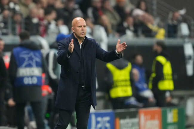 liverpools-manager-arne-slot-gestures-during-the-champions-league-opening-phase-soccer-match-between-eintracht-frankfurt-and-liverpool-in-frankfurt-germany-wednesday-oct-22-2025-ap-photomicha