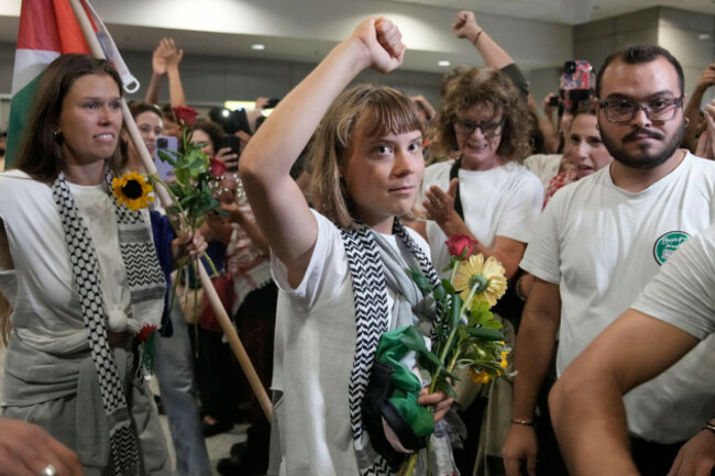swedish-activist-greta-thunberg-arrives-at-the-eleftherios-venizelos-international-airport-in-athens-monday-oct-6-2025-after-being-deported-from-israel-for-taking-part-in-a-gaza-bound-aid-flotilla