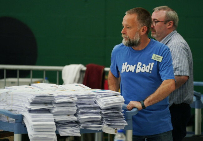 file-photo-dated-12062024-of-count-staff-member-cian-oconnor-left-from-douglas-co-cork-wearing-a-different-novelty-t-shirt-for-each-day-during-vote-counting-in-irelands-european-elections-at-t