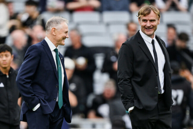 rival-coaches-australias-joe-schmidt-left-and-new-zealands-scott-robertson-chat-ahead-of-the-bledisloe-rugby-test-between-the-all-blacks-and-the-wallabies-at-eden-park-in-auckland-new-zealand-sa