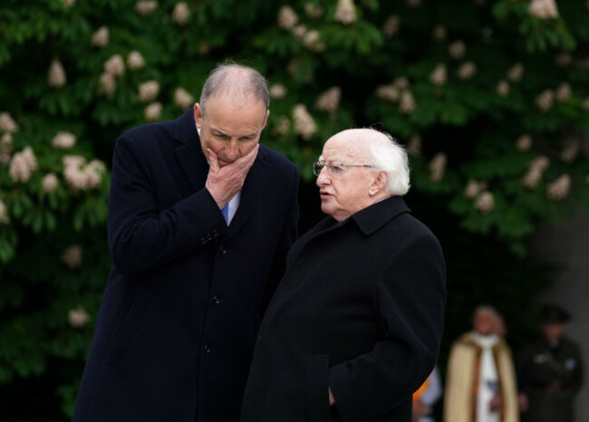 taoiseach-micheal-martin-left-in-conversation-with-president-michael-d-higgins-following-a-state-religious-ceremony-to-commemorate-the-1916-easter-rising-leaders-at-arbour-hill-cemetery-in-dublin-p