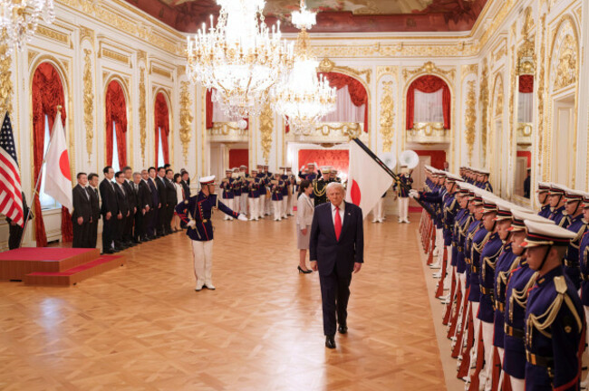 u-s-president-donald-j-trump-front-with-japans-prime-minister-sanae-takaichi-reviews-an-honor-guard-during-a-welcoming-ceremony-at-akasaka-palace-state-guest-house-in-tokyo-tuesday-oct-28-202