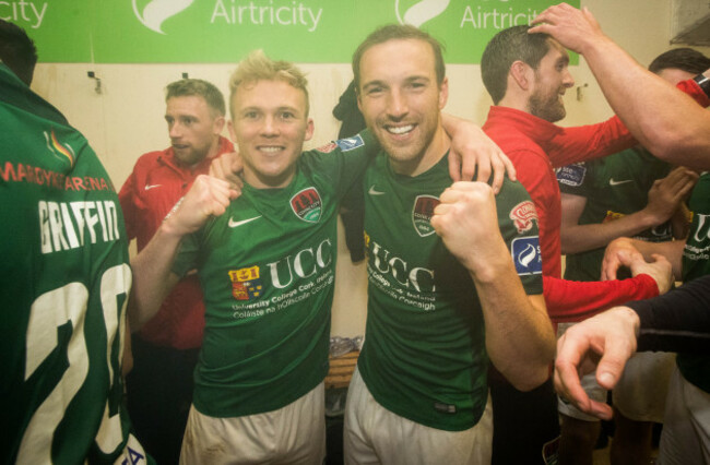 conor-mccormack-and-karl-sheppard-celebrate-in-the-dressing-room-after-the-game