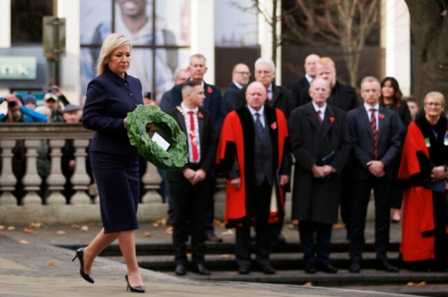 first-minister-michelle-oneill-lays-a-wreath-during-the-remembrance-sunday-service-at-belfast-city-hall-picture-date-sunday-november-10-2024