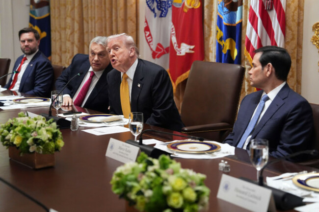 president-donald-trump-speaks-to-reporters-during-a-meeting-with-hungarys-prime-minister-viktor-orban-center-left-as-vice-president-jd-vance-left-and-secretary-of-state-marco-rubio-right-listen