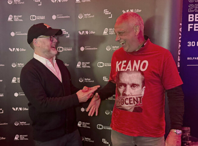 producer-trevor-birney-and-football-fan-alistair-evans-at-the-belfast-film-festival-picture-date-saturday-november-8-2025