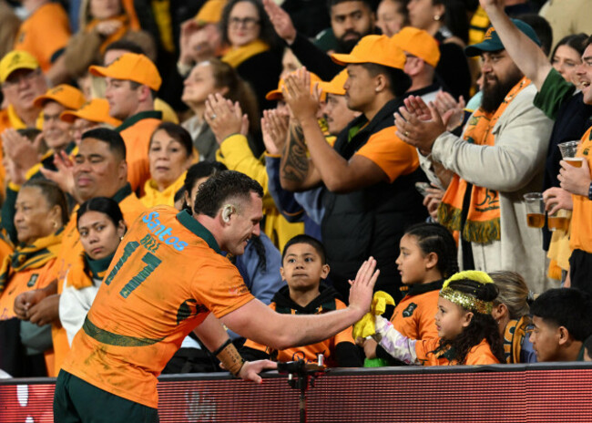 brisbane-australia-19th-july-2025-angus-bell-of-the-wallabies-is-seen-with-fans-after-the-first-test-match-between-the-wallabies-and-the-british-and-irish-lions-at-suncorp-stadium-in-brisbane-sat