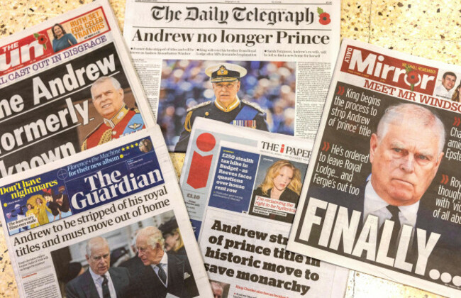 london-uk-31st-oct-2025-the-newspapers-showing-the-downfall-of-the-former-hrh-prince-andrew-prince-andrew-is-being-stripped-of-his-prince-title-and-will-leave-his-windsor-mansion-royal-lodge-t